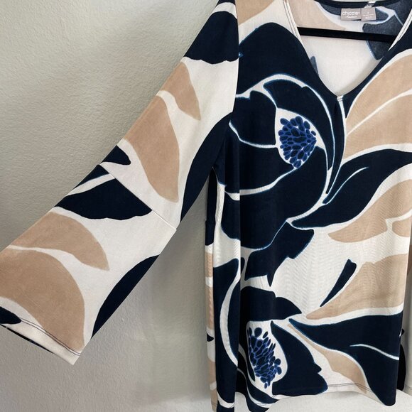 Chicos Travelers Womens 12/14 Floral Tunic Top Slinky Stretch Knit Shirt V Neck - Picture 9 of 10